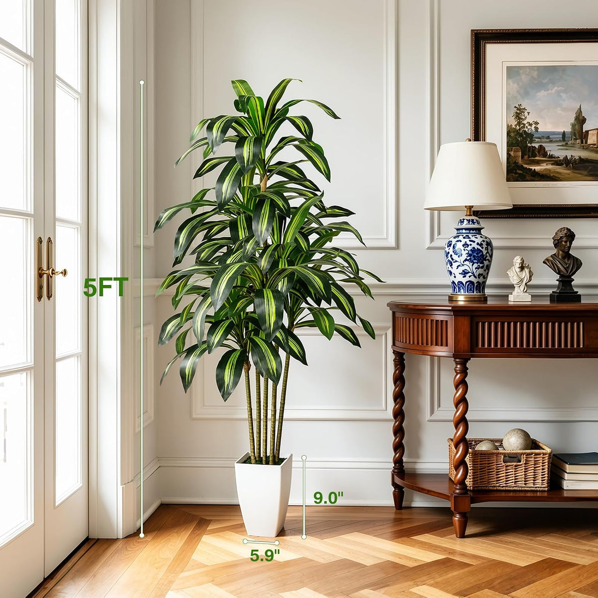 5FT Faux Dracaena Plant with Planter & Built-in Basket