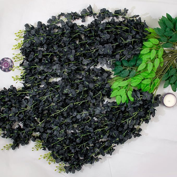 12 Pack Artificial Wisteria Hanging Flowers Fake Wisteria Flower Garland Silk Vines Rattan Decor for Home Wedding Arch Wall Garden Greenery Bedroom Outdoor Office Party Decoration (Black)