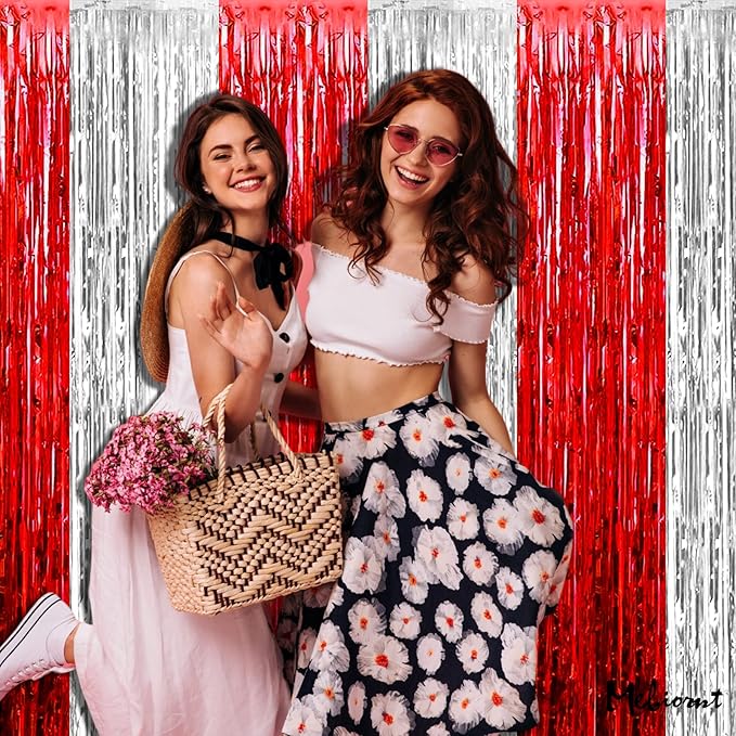 4 Pack 3.2Ft x 6.6Ft Red and Silver Fringe Curtain Backdrop, Metallic Tinsel Foil Fringe Streamers Curtains Background for Photo Booth Wedding Circus Welcome Carnival Birthday Party Decorations