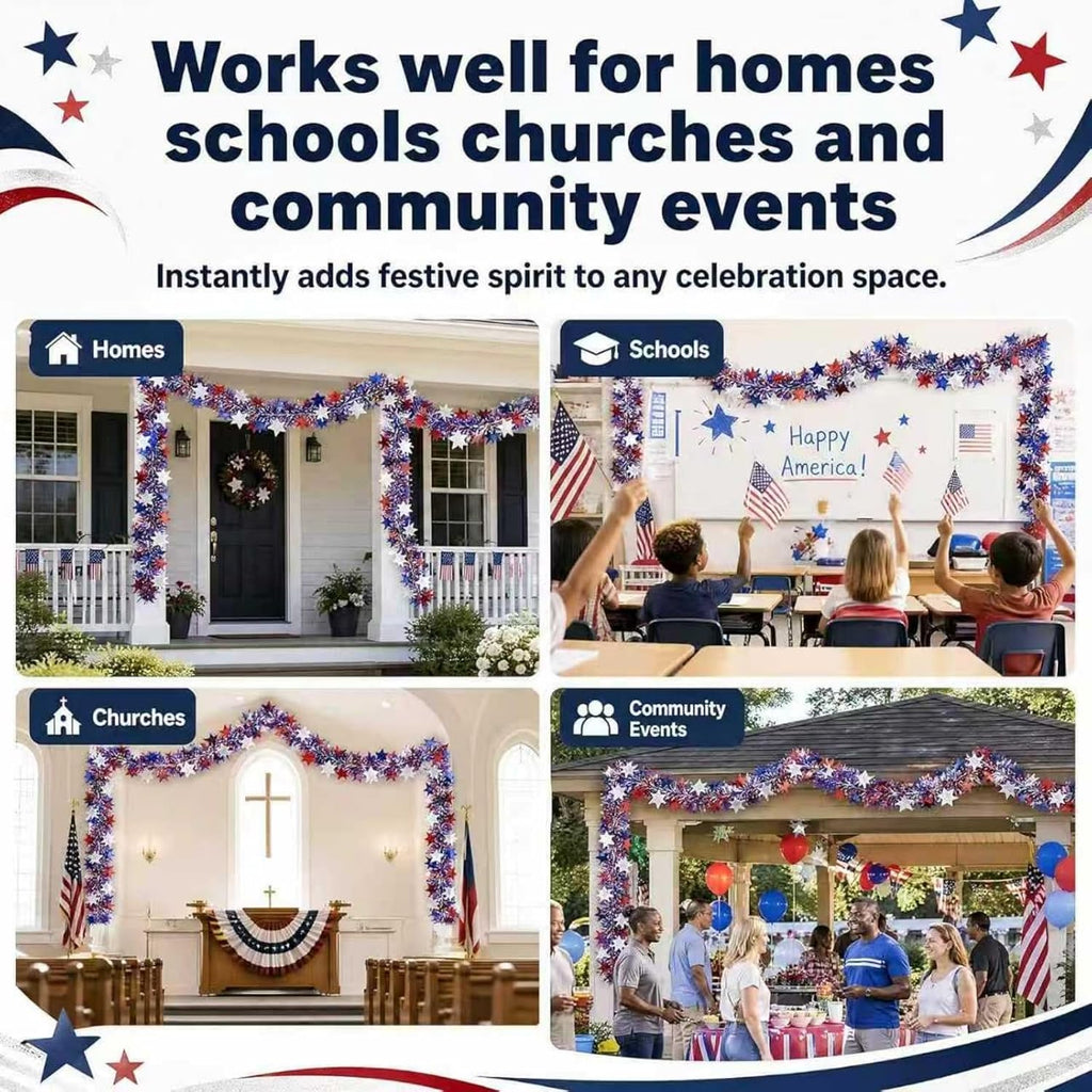 50 Ft Patriotic Star Garland, Red White Blue Metallic Tinsel with 5-Pointed Stars, 4th of July & America 250th Anniversary Decorations for Independence Day Party Mantle Porch Fireplace | Shiny Metallic Tinsel Star Garland