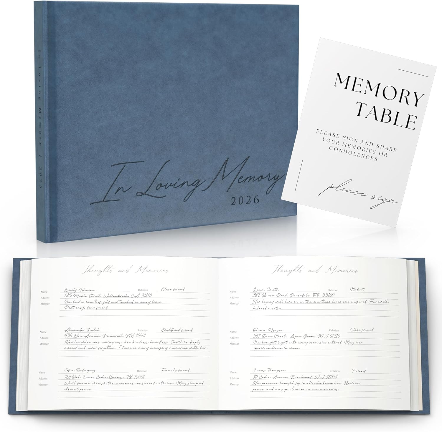 Funeral Guest Book for 2026 Celebration Of Life Memorial Service - Leather Memory Book for Funeral Guests to Sign In with Condolence Memory Table Sign & Back Pocket - Blue Guestbook