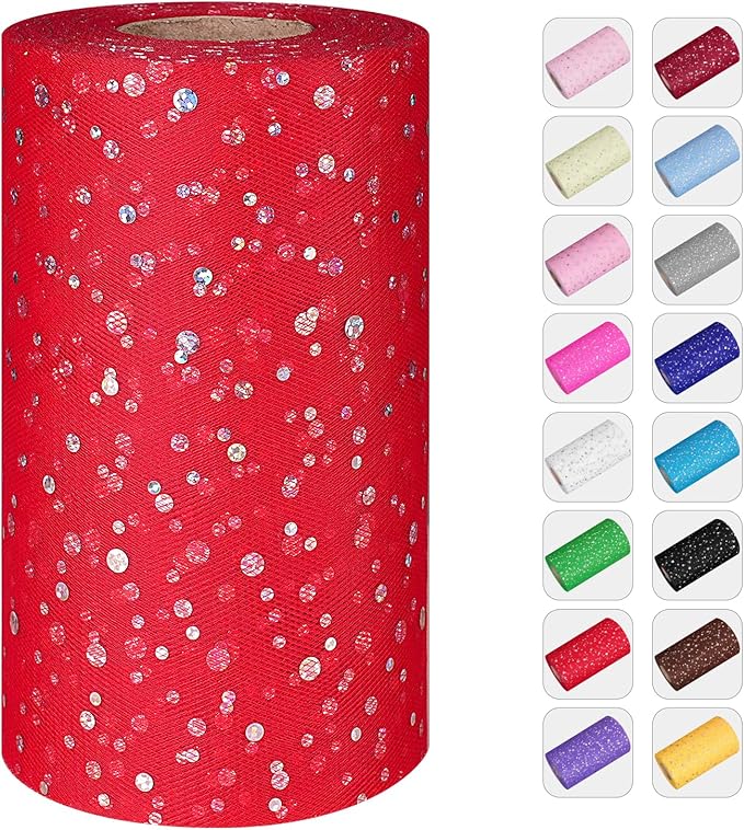 Glitter Tulle Rolls, 6' by 50 Yards (150FT) Sequin Tulle Netting Fabric for Tutu Skirts Sewing Birthday Wedding Party Decoration (Red)