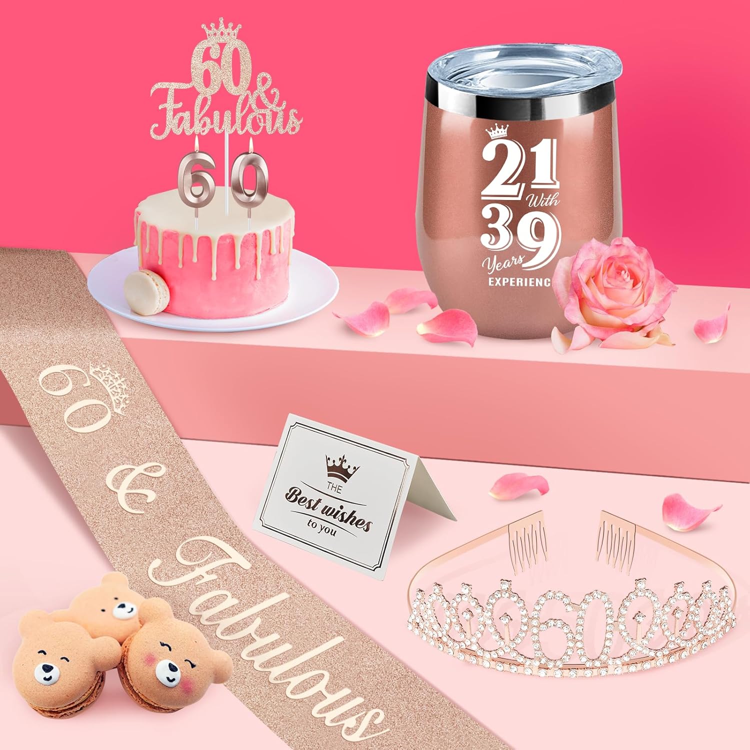 60th Birthday Decorations Gifts for Women Including Crown, Sash, Cake Topper, Candles and 12oz Wine or Coffee Tumbler Mug with Lid, Gifts for 60 Year Old Woman