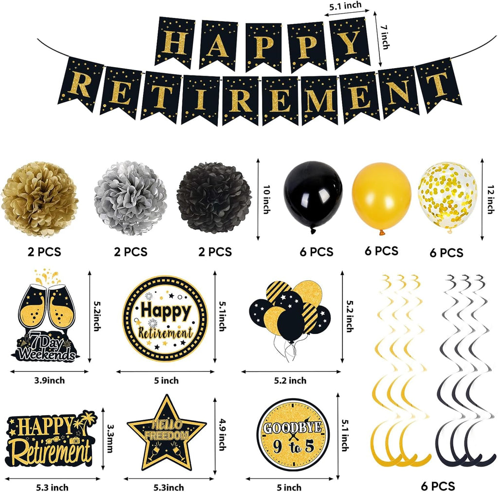 Retirement Party Decorations for Men Women Black Gold Happy Retirement Banner Backdrop Balloons Paper Pompoms Honeycomb Centerpiece Cake Topper Hanging Swirl Set