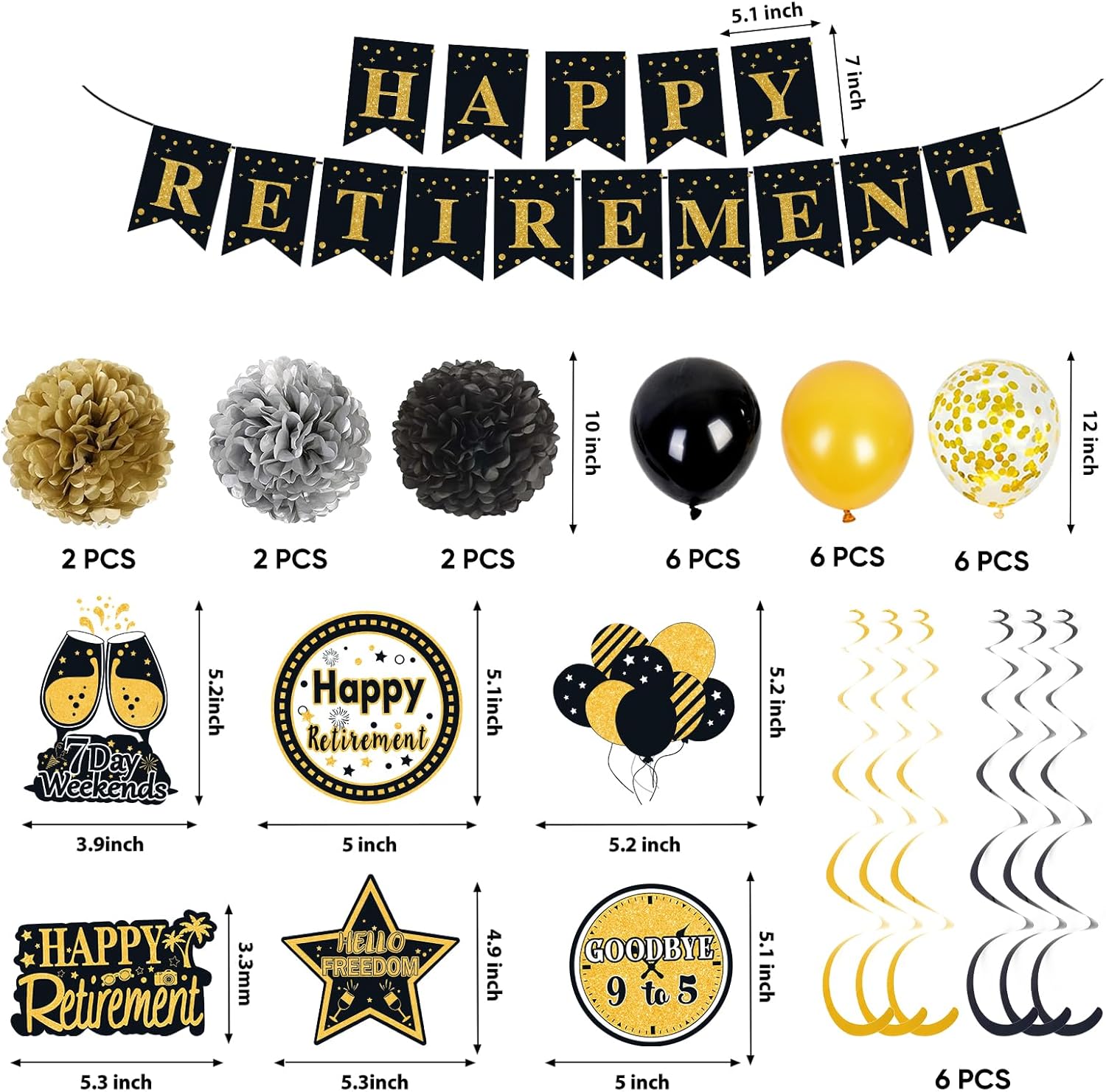 Retirement Party Decorations for Men Women Black Gold Happy Retirement Banner Backdrop Balloons Paper Pompoms Honeycomb Centerpiece Cake Topper Hanging Swirl Set
