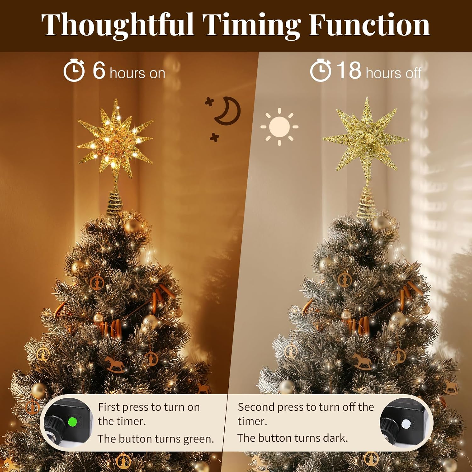 Lewondr Christmas Tree Topper, Plug in 3D Starburst Xmas Lighted Star Tree Topper, Remote Control & Timer Light Up Vintage Moravian Tree Topper for Christmas Decoraiton, Warm Light, Gold