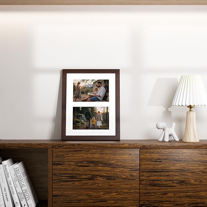 Vittanly 8x10 Collage Picture Frame, Displays 2Pcs 4x6 Pictures with Mat, Photo Frame for Wall Mounting or Table Top with Stand, Brown, 1 Pack