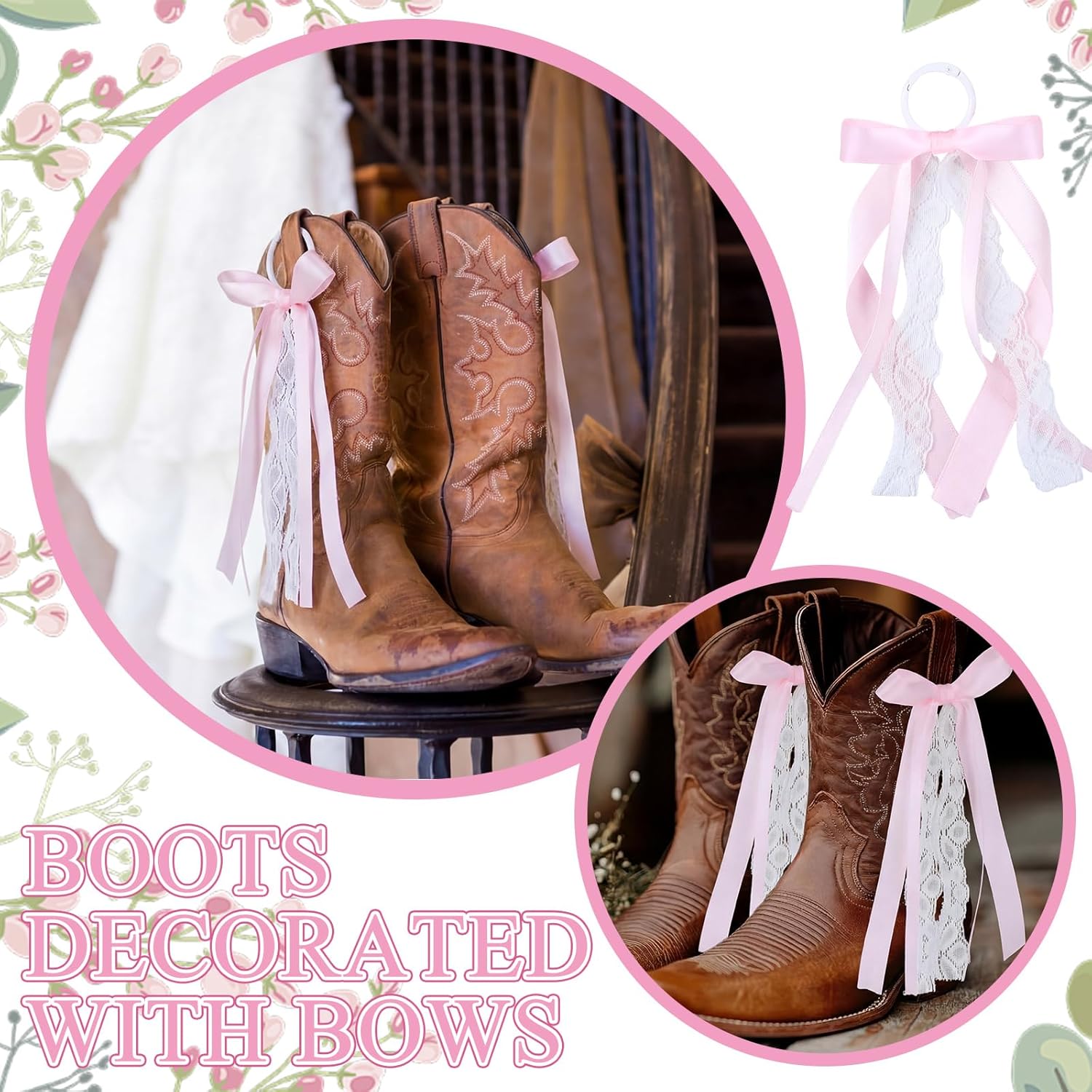 4 Pcs Pink Ribbon Boot Bow for Cowgirl Boots Lace Bows Clip Decor for Country Concert Wedding Women DIY Bridal Shower Reception Accessory Supplies Gifts Removable