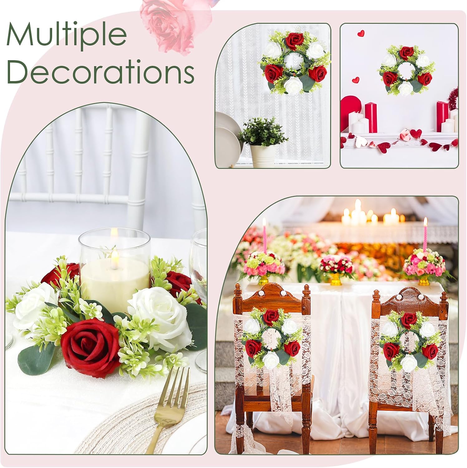 Crimson Rose Candle Rings with Flameless Candles Sets - 12PCS Artificial Flower Eucalyptus Wedding Centerpiece 3 Inch Pillar Candleholders Wreaths for Wedding Party Decor (Crimson - 6 Sets)