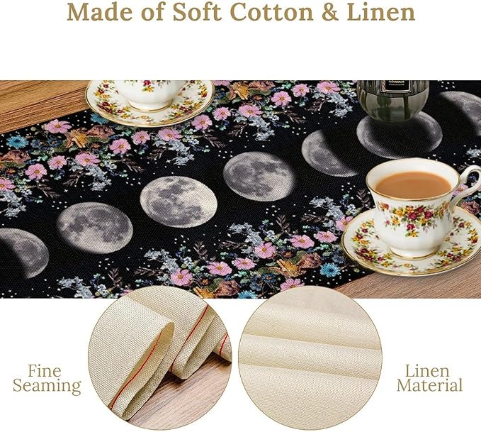 Boho Floral Moon Table Runner, Spring Flower Leaves Mystical Gothic Sun Moon Table Runner for Kitchen Dining Table Home Party,13x70 Inch Purple