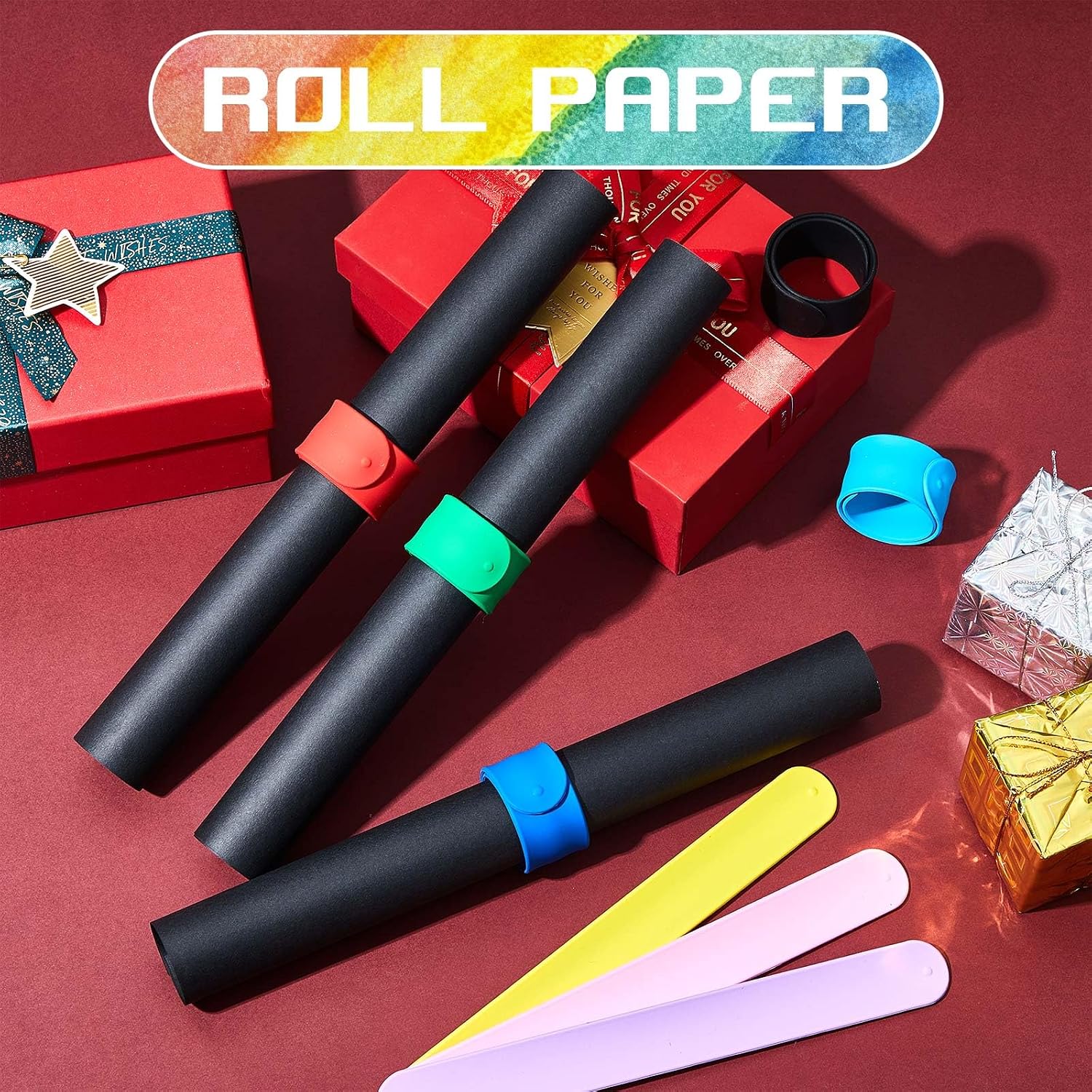 Leyndo 32 Pcs Wrapping Paper Roll Holder Clips Silicone Covered Metal Strips Flip 1 x 9 in Poster Holder Slap Band for Christmas Wedding Graduation Gift Wapping