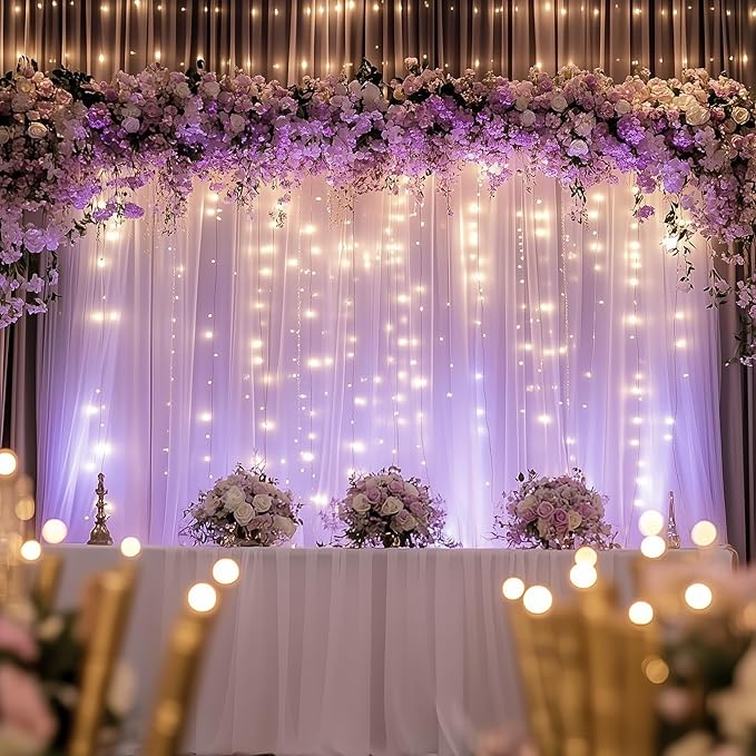 Tulle Backdrop Curtain with Lights String 10FT X 8FT Lavender Sheer Tulle Backdrop Curtains for Wedding Birthday Party Reception Photo Booth Background Decorations (2 Panels 5x8FT)