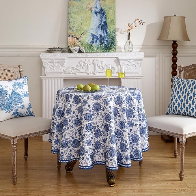 patdrea Designer Linen Blue Small Tablecloth for Round Table,Vintage Durable Paisley Pattern Table Cloth,Floral Cover Fall Decor for Kitchen Dining Christmas,Thanksgiving,Diameter 55"-Lantang a