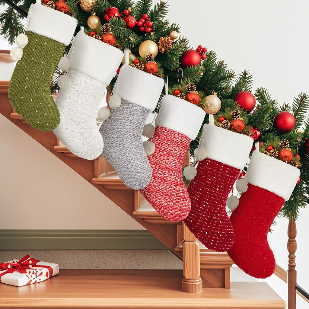 Mostop Christmas Stockings, 6 Pack Cable Knitted Xmas Stockings with Pompom for Xmas Holiday Decor