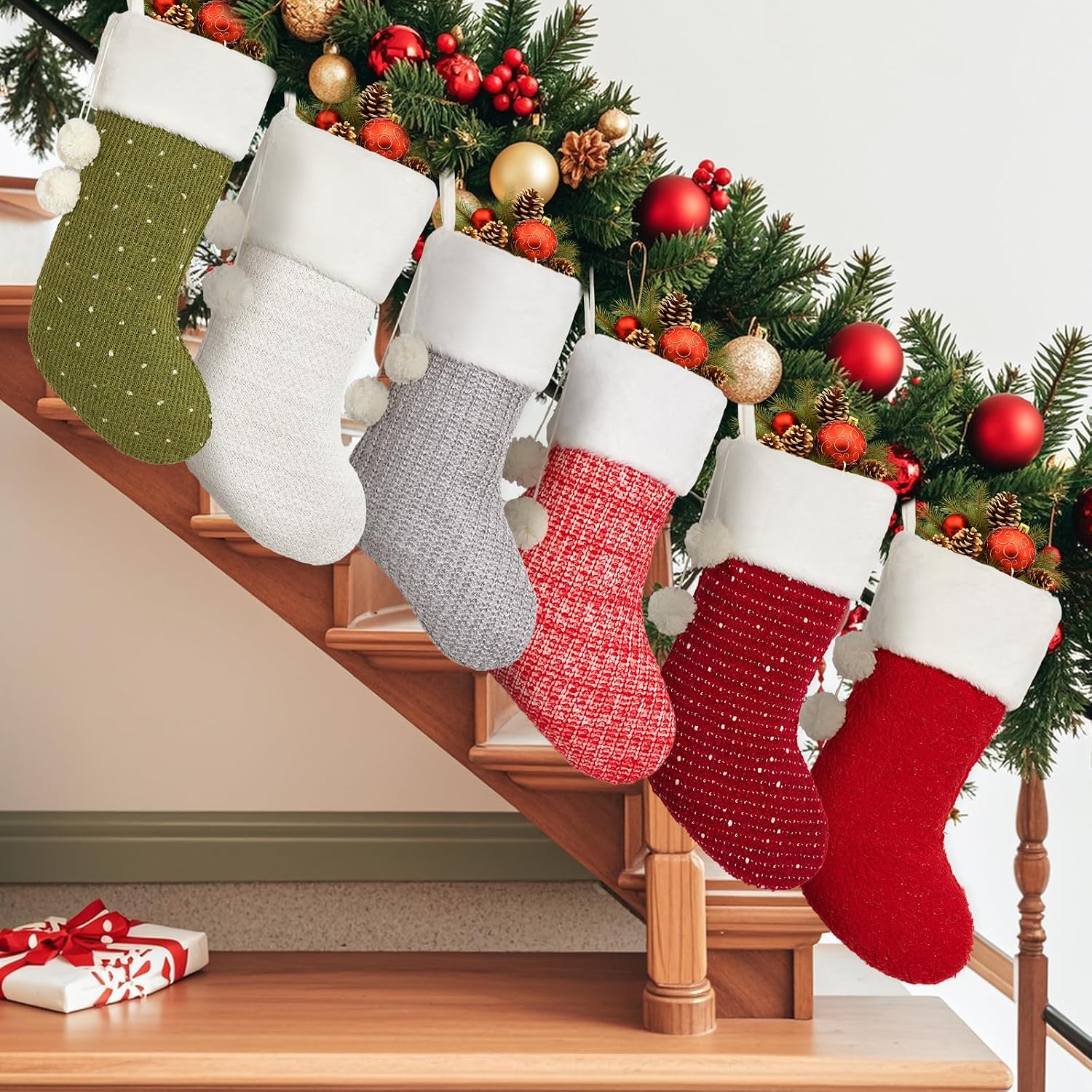 Mostop Christmas Stockings, 6 Pack Cable Knitted Xmas Stockings with Pompom for Xmas Holiday Decor
