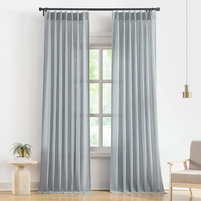 Vision Home Blue Fog Pinch Pleated Semi Sheer Curtains Textured Linen Blended Light Filtering Window Curtains 120 inch for Living Room Bedroom Pinch Pleat Drapes with Hooks 10ft 2 Panels 40" Wx120 L