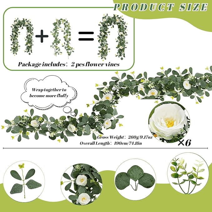 ASTRYAS 2 Pack 6.23Ft Artificial Eucalyptus Garland with Flowers, Fake Rose Garland Greenery Garlands Floral Vines for Wedding Spring Home Party Craft Art Table Runner Decor(White)
