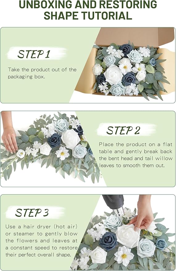 Faux Flower Swag Set of 2 for Wedding Welcome Signs Floral Swag Wedding Reception Ceremony Signs Decor (A-White Blue)