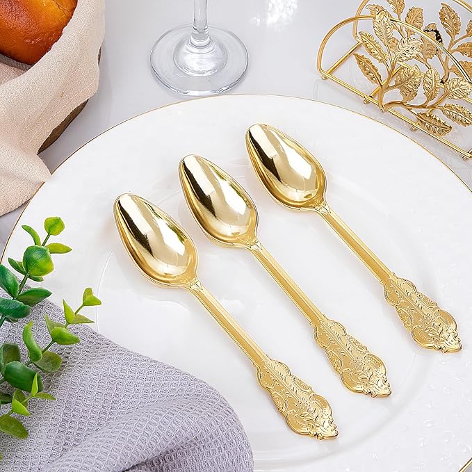WDF 100 Piece Gold Plastic Spoons Disposable - 6.93 Inch Baroque Gold Spoons Plastic Silverware for Dessert Cake - Heavy Duty for Thanksgiving Party, Wedding or Daily Using