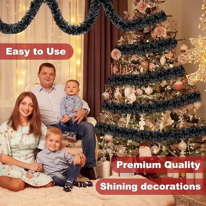 50 Feet Black Christmas Tinsel Garland, Metallic Foil Twist Banner Wall Hanging Tinsel Streamers Backdrop for Parade Floats, Christmas, Mother's Day, Birthday Party Decorations(2in x 50ft)