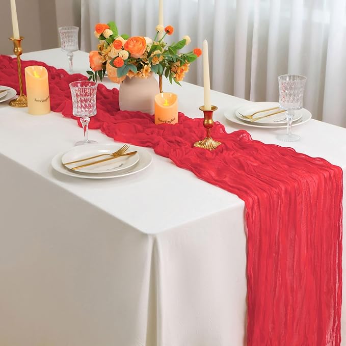 Snowkingdom 6 PCS Red Cheesecloth Table Runner 10 Ft, 120 inch Long Cheese Cloth Gauze Runners for Christmas Valentine Wedding Bridal Baby Shower Birthday Holiday Party Table Decorations
