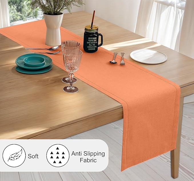 Ruvanti Linen Table Runner 120 Inches, Classic Hemstitch, Washable, Reusable, Non-Slipping, Stain Resistant- Perfect for Parties, Weddings, Dinners, Thanksgiving, Christmas, Indoor use – Orange