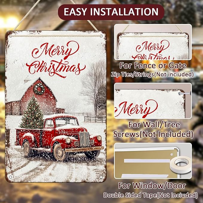 Vintage Christmas Red Truck Tin Sign Merry Christmas Truck Christmas Tree Metal Tin Sign Winter Rustic House Yard Xmas Pickup Holiday Wall Decorations Tin Sign 8x12Inch