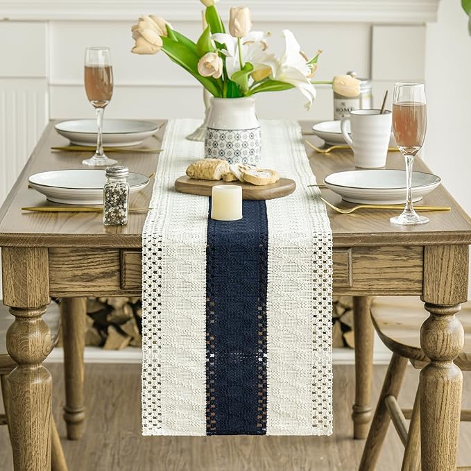 Artoid Mode Dark Blue Farmhouse Rustic Table Runner, Seasonal Holiday Hollow Kitchen Dining Table Decoration for Home Party Decor 12x60 Inch