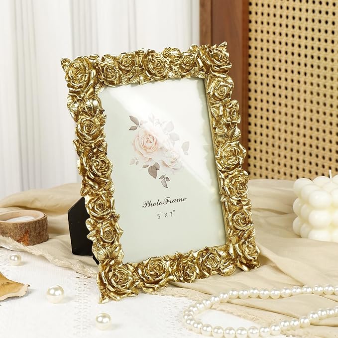 Cuspin Vintage Gold 5x7 Picture Frame, Gold Ornate Rose Flower Resin Photo Frame with Glass Front for Tabletop, Antique Picture Frames Photo Gallery for Home Office Decor