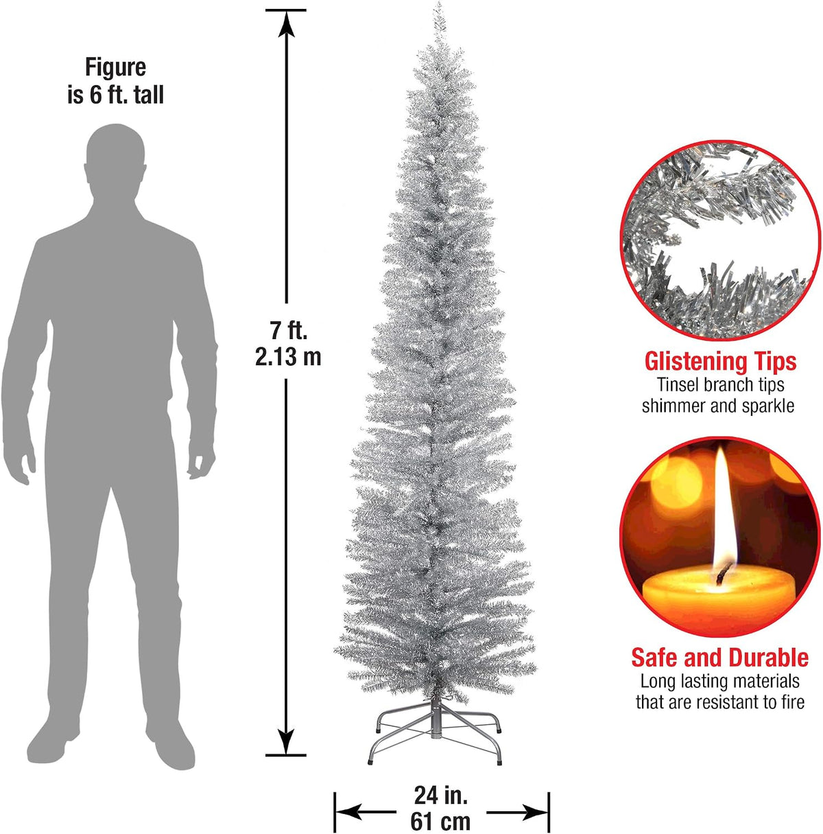 national tree company 7ft unlit silver tinsel artificial, close-up detail