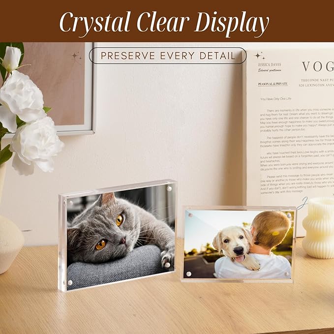 CATIFLIN 5x7 Magnetic Acrylic Frames 2 Pack, Double Sided Clear Frameless Picture Frame Blocks, 20mm Thick Photo Frames Free Standing Display for Family Photos, Certificates, Office, Artwork