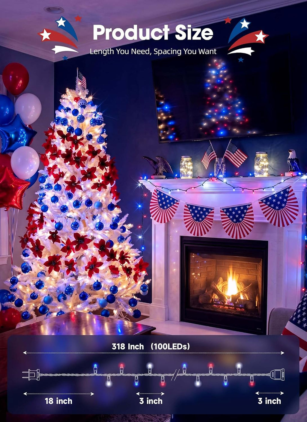 Brightown LED Red White Blue Mini String Lights, 26.5Ft 100LEDs F5 Lights for 4th of July Decorations, Connectable Lights for Indoor Outdoor Holiday Patio Independence Day Decor, 250th Anniversary