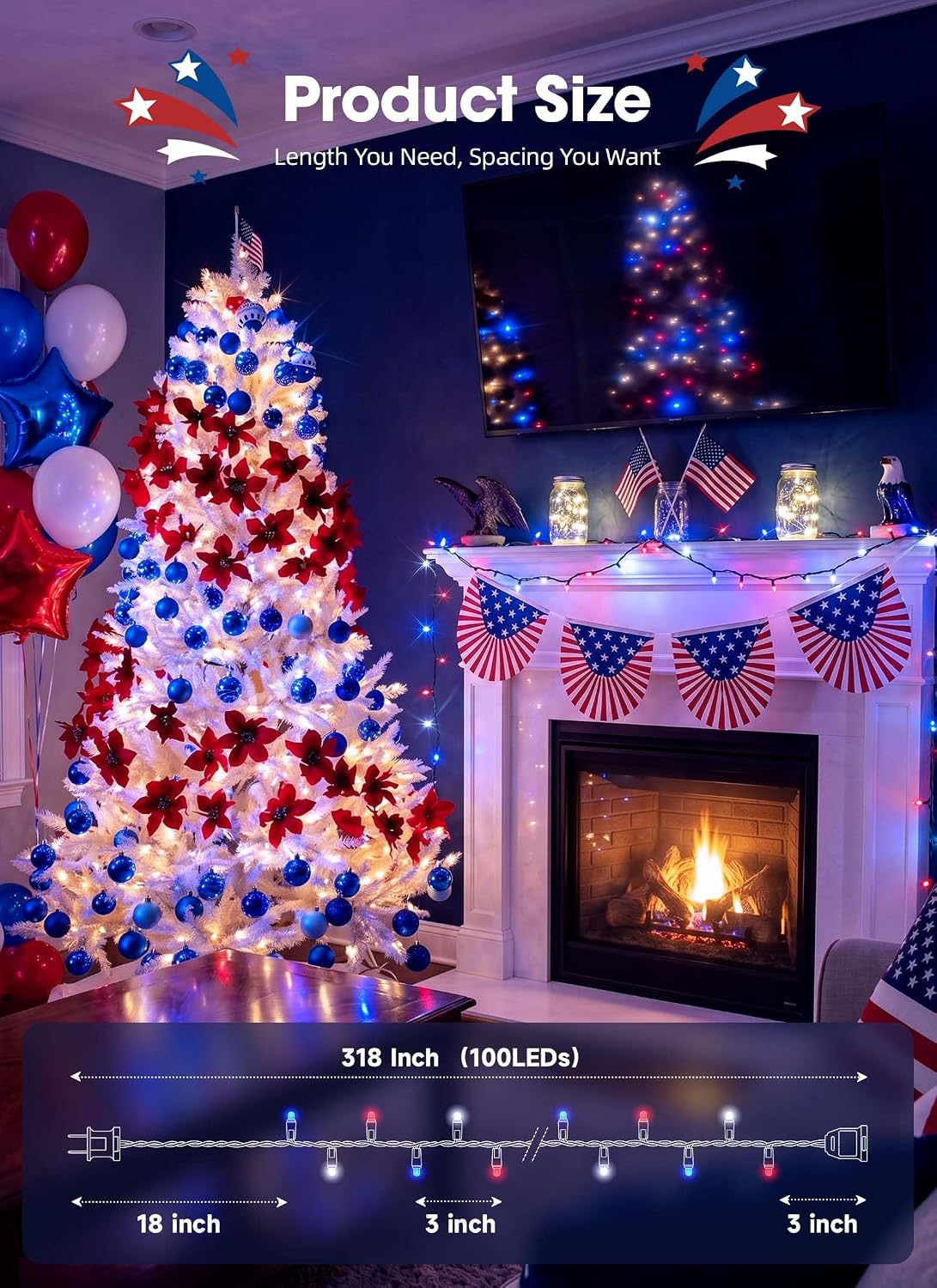 Brightown LED Red White Blue Mini String Lights, 26.5Ft 100LEDs F5 Lights for 4th of July Decorations, Connectable Lights for Indoor Outdoor Holiday Patio Independence Day Decor, 250th Anniversary