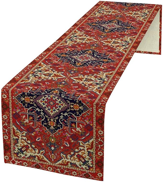 Boho Old French Table Runner, Vintage Red Beige Retro Flower Rustic Country Style Floral Print Pattern for Home Kitchen Table Decor Dining Coffee Room Garden Party Decor 13x60in