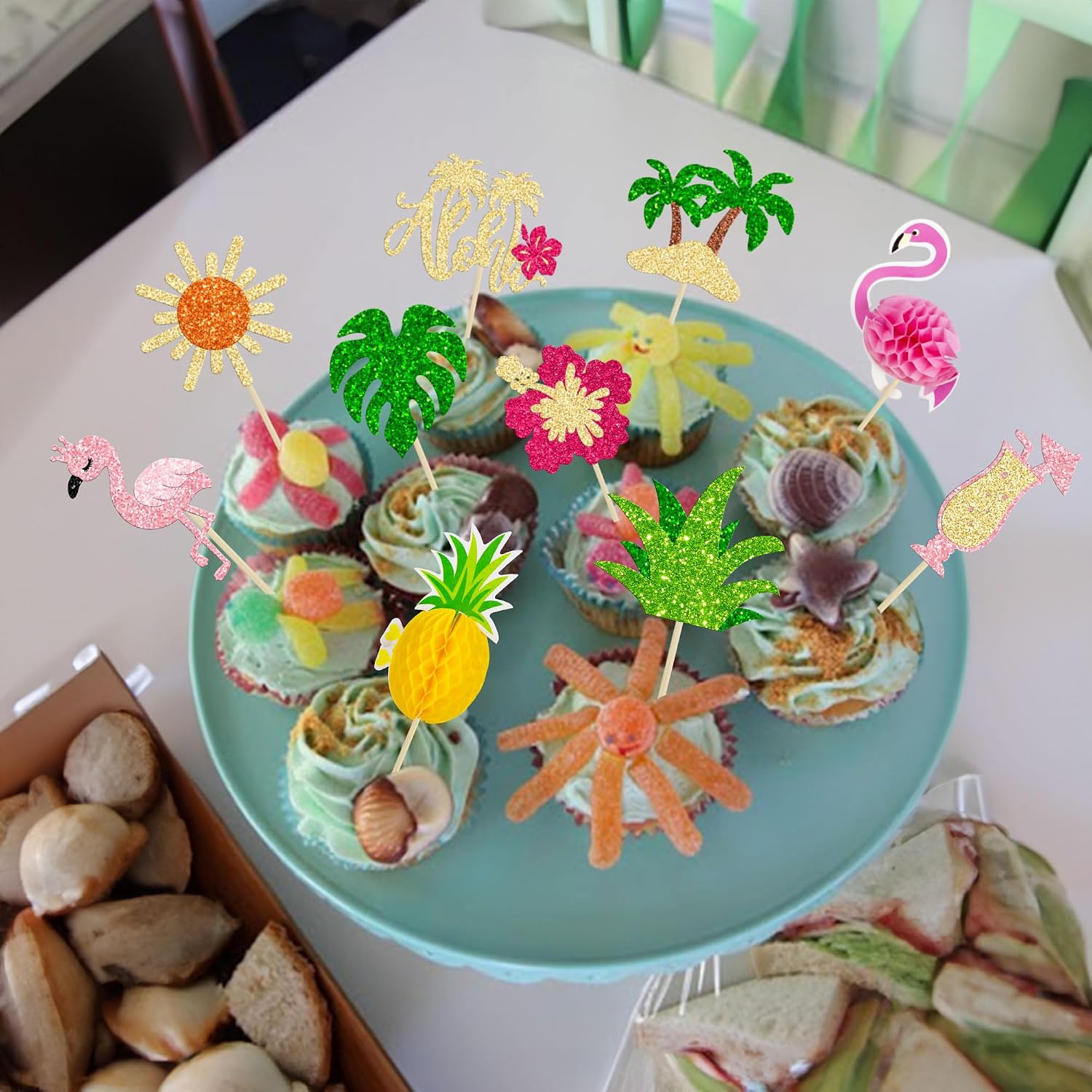 Gyufise 32Pcs Tropical Cupcake Toppers Glitter Luau Cake Topper Aloha Cupcake Picks Pineapple Flamingo Cupcake Decorations for Hawaiian Theme Baby Shower Birthday Party Supplies Pink Yellow Green