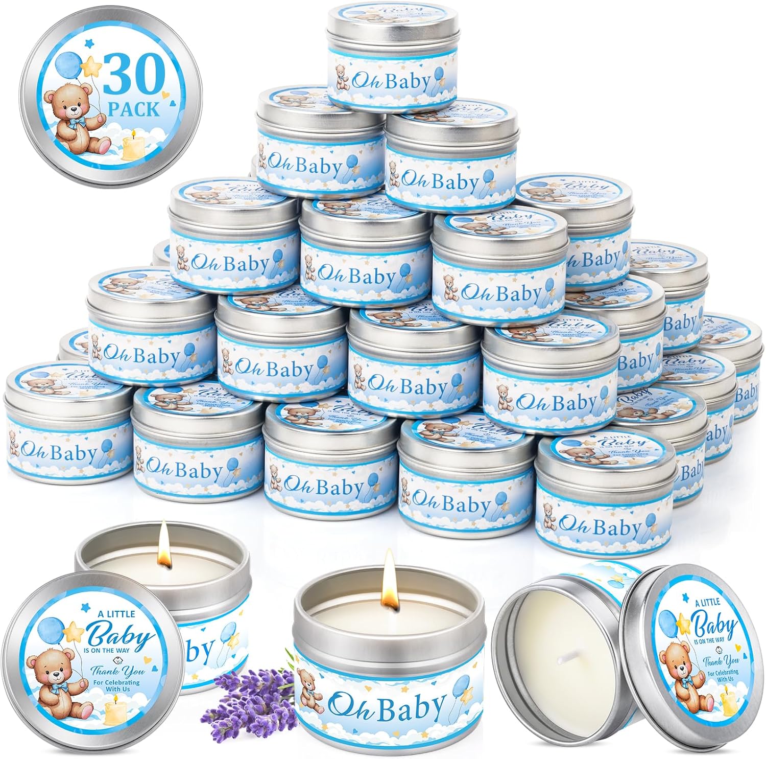 VISCOO 30 Pack Baby Shower Party Favors Candles Lavender Scented, Baby Shower Favors for Guests Prizes, Girl Boy Gender Reveal Party Gifts Decorations (1.2 Oz, Blue)
