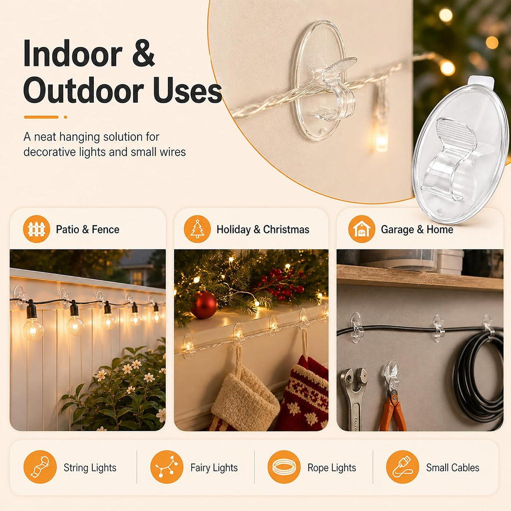 Outdoor String Lights Hooks Clips - 20Pcs Clear Waterproof Adhesive Hangers | 3X Stronger Adhesion - Heavy Duty Removable Sticky Strips No Drill No Residue Indoor Outside Patio Fence Wall Cord Christmas