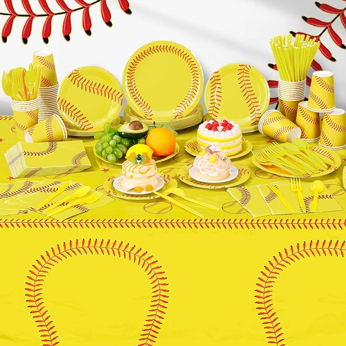 452 Pcs Softball Birthday Party Decorations for 50 Guests, Softball Paper Plates Napkins Cups Tablecloth Cutlery Straws Disposable Tableware Set for Women Men Sports Theme Party Supplies
