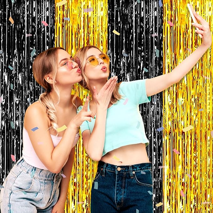 6 Pack Black Gold Foil Fringe Curtain Backdrop, 3.28Ft x 8.2Ft Metallic Tinsel Foil Fringe Streamer Curtains for Photo Booth, Birthday, Wedding, New Year Party Decorations