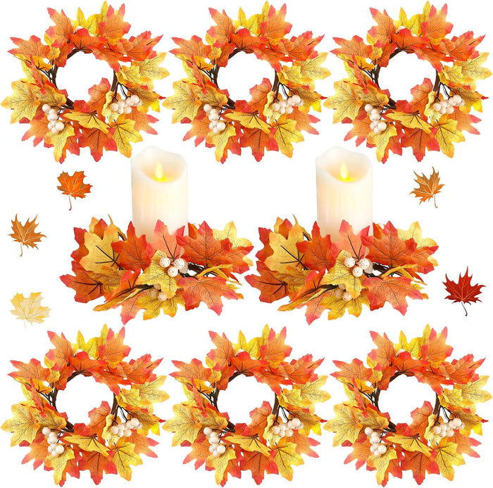 Hotop 8 Pieces Fall Candle Rings Mini Autumn Wreath for Thanksgiving Decor