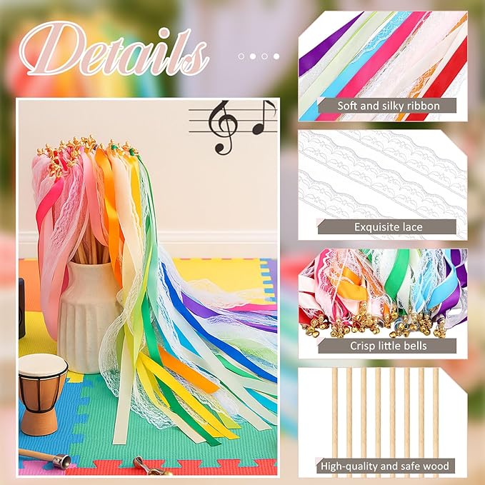 Taiyin 150 Pcs Lace Ribbon Stick Wands Wedding Wand Streamers with Bell Silk Ribbon Fairy Wand Wedding Send Off Streamer for Baby Shower Holiday Party Favors (Colorful)