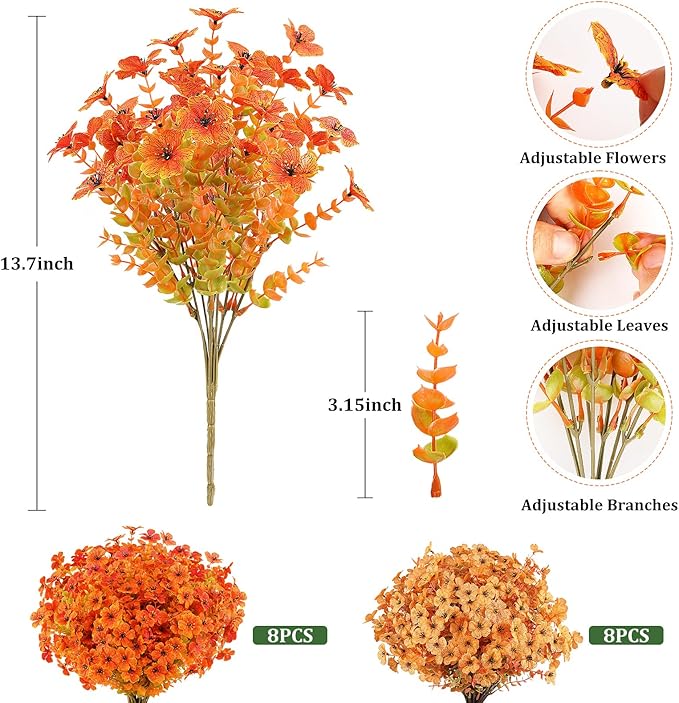 AmyHomie 16 Bundles Fall Orange Yellow Artificial Flowers for Outdoor Fall Decor UV Resistant Faux Flowers No Fade Fake Plastic Plants Garden Porch Window Box Decorating