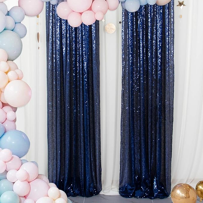 ShinyBeauty Sparkle Backdrop Curtain Navy Blue 2 Panels Set Sequin Photo Backdrop 2FTx8FT Sequin Backdrop Curtain Pack of 2-1220S