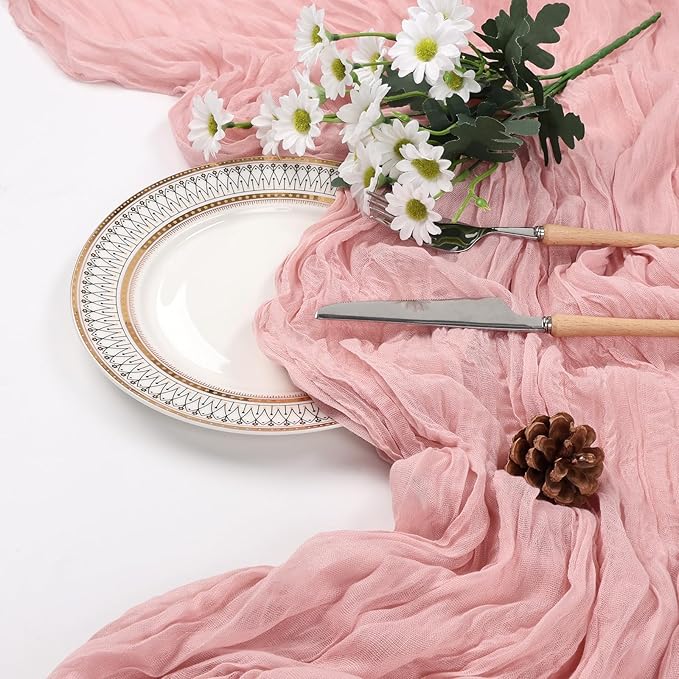 12 Pack Dusty Pink Cheesecloth Table Runner 10ft Boho Gauze Fabric Cheese Cloth Table Runner 35 x 120 Inch Rustic Sheer for Romantic Wedding Decor Baby Shower Party Table Centerpiece Decoration