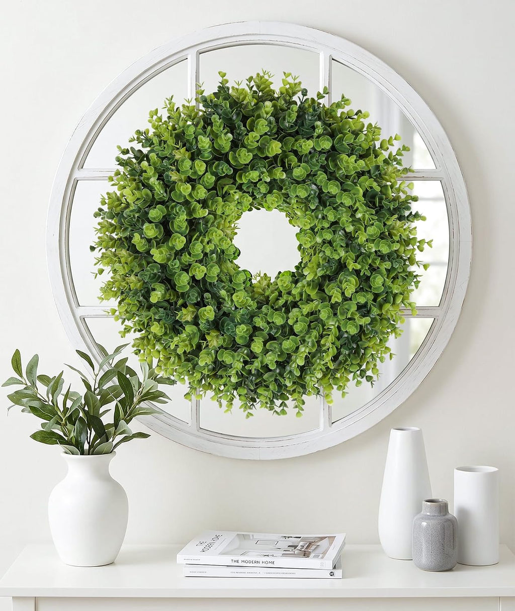 24inch boxwood wreaths for front door all seasons, front angle view
