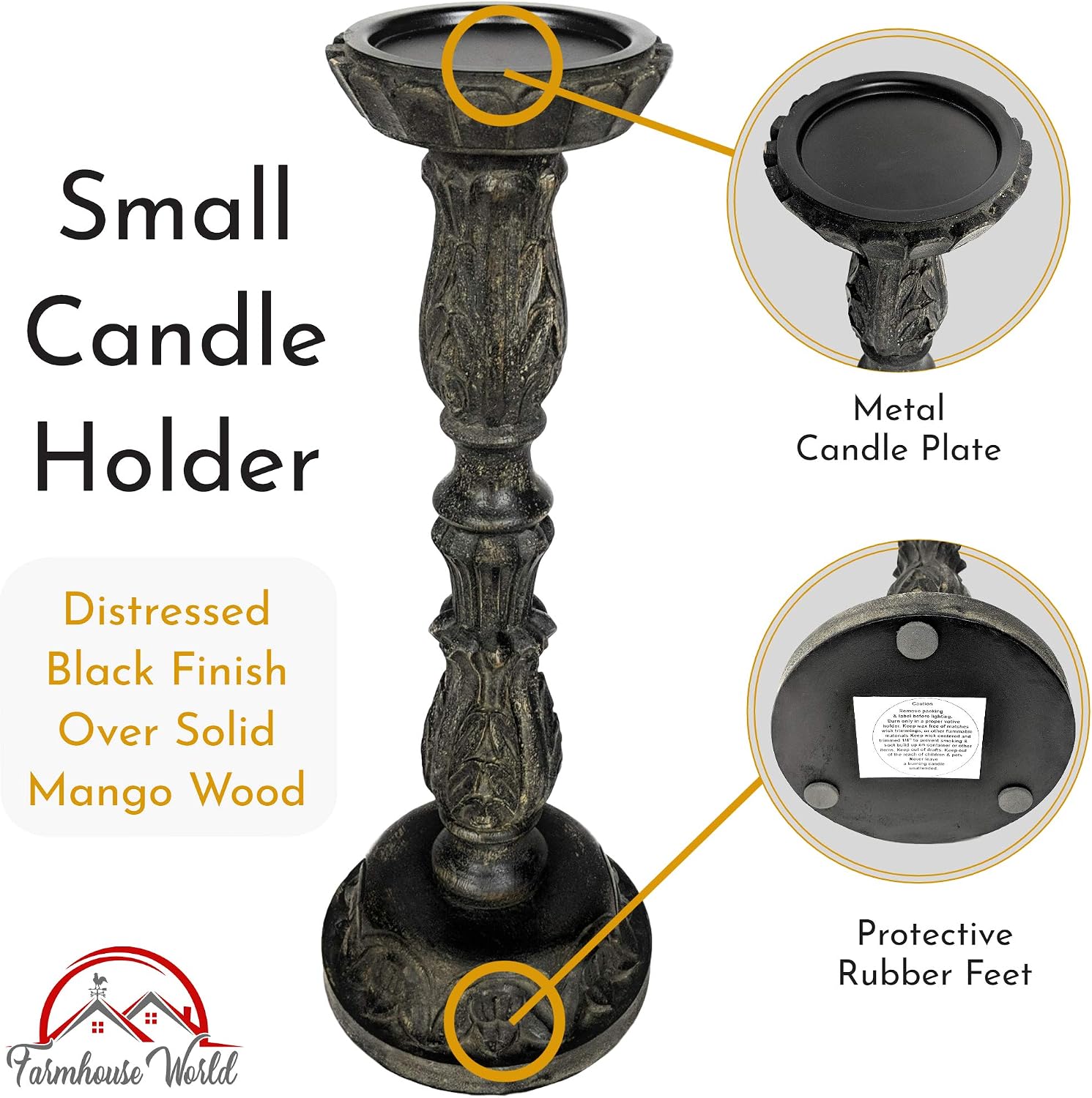 Farmhouse Candle Holders Set of 3 - Wooden Candle Holders with Distressed Finish for a Vintage Antique Decor Look - Each Rustic Decorative Pillar Candle Holder is Hand-Carved