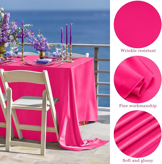 TURSTIN 1 Pack Hot Pink Satin Tablecloth 102 x 58 Inch Overlay Satin Table Cover Rectangle Bright Silk Tablecloth Smooth Fabric Table Decoration for Wedding Banquet Party Events