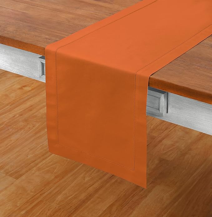 Solino Home Cotton Linen Pumpkin Table Runner 120 Inches Long - Hemstitch 14 x 120 Inch Table Runner - Handcrafted and Machine Washable - Fall, Autumn, Halloween, Thanksgiving