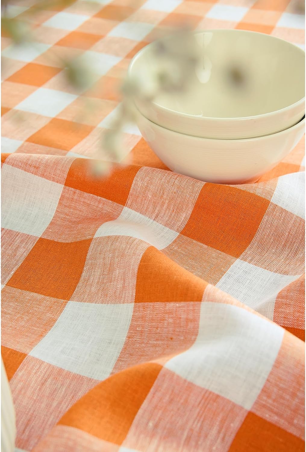 Solino Home 100% Linen Tablecloth, 60 x 108 in, Pumpkin and White Check