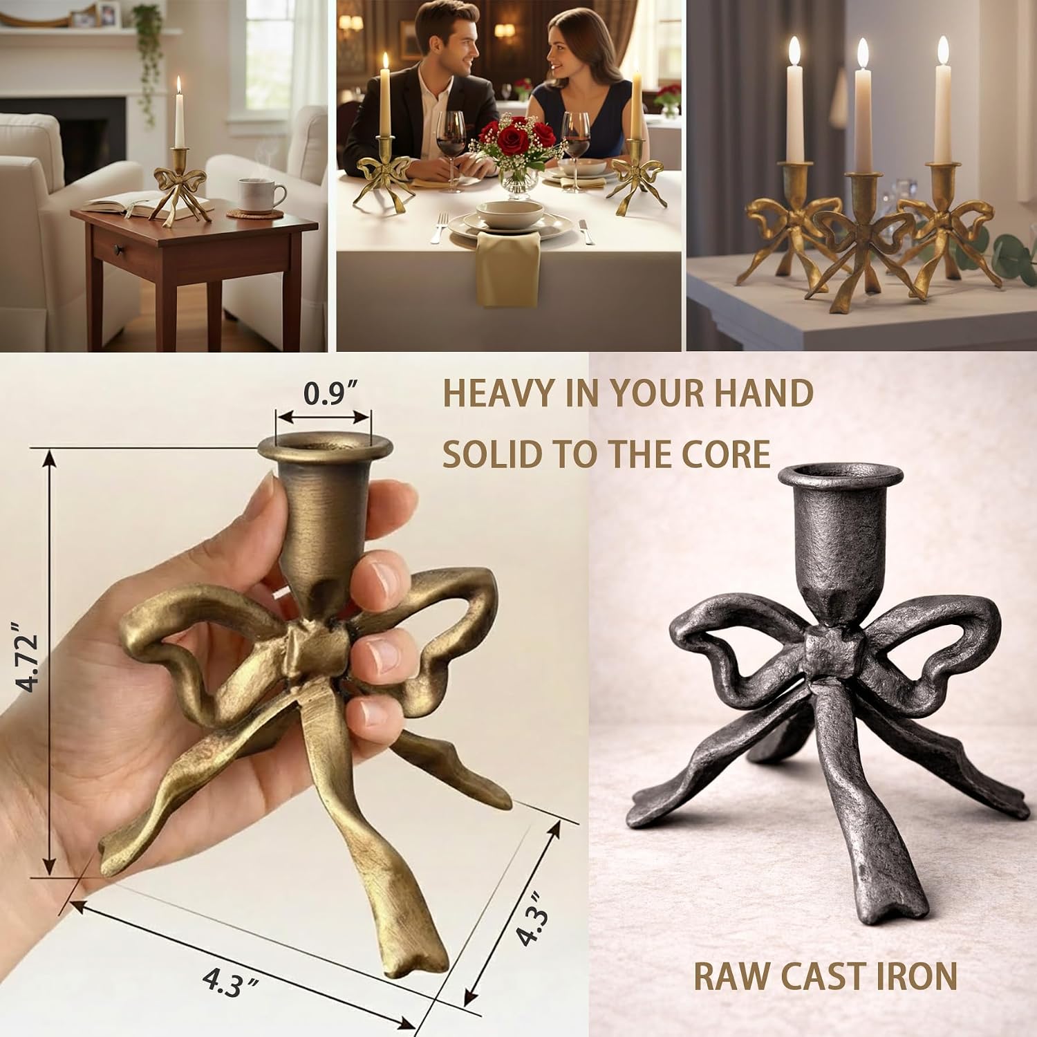 Heavy Cast Iron Dancing Bow Taper Candle Holders, Ribbon-Inspired Sculptural Design, Fits 7/8" Candlesticks, Vintage Metal for Mantel, Tabletop & Seasonal Decor (2, Brass)